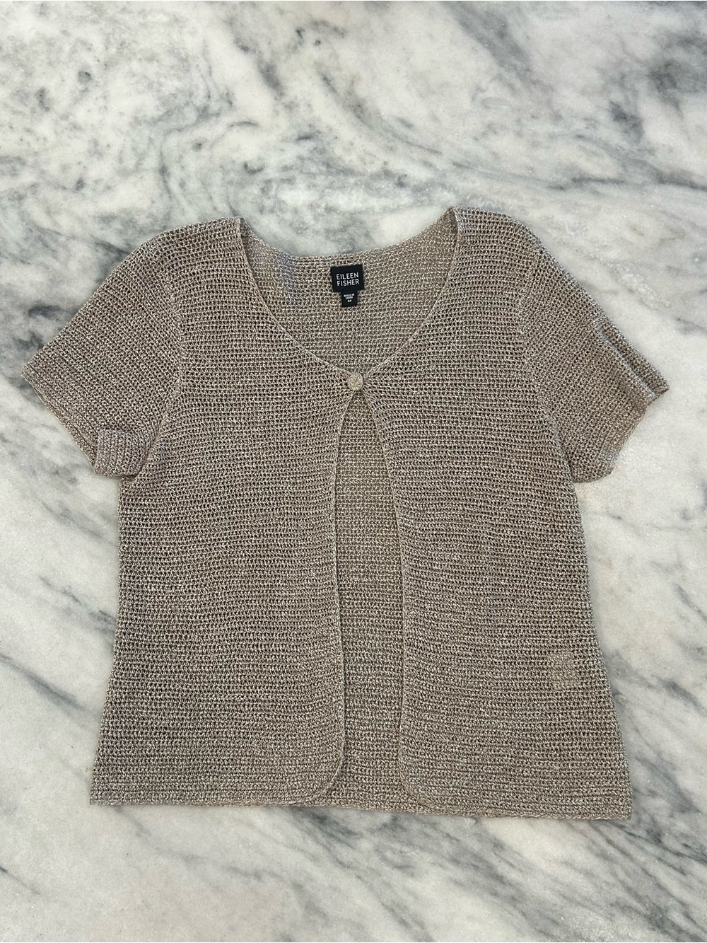 Eileen Fisher Linen Cotton Blend Neutral Tan S/S 1-Button Open Knit Cardigan M